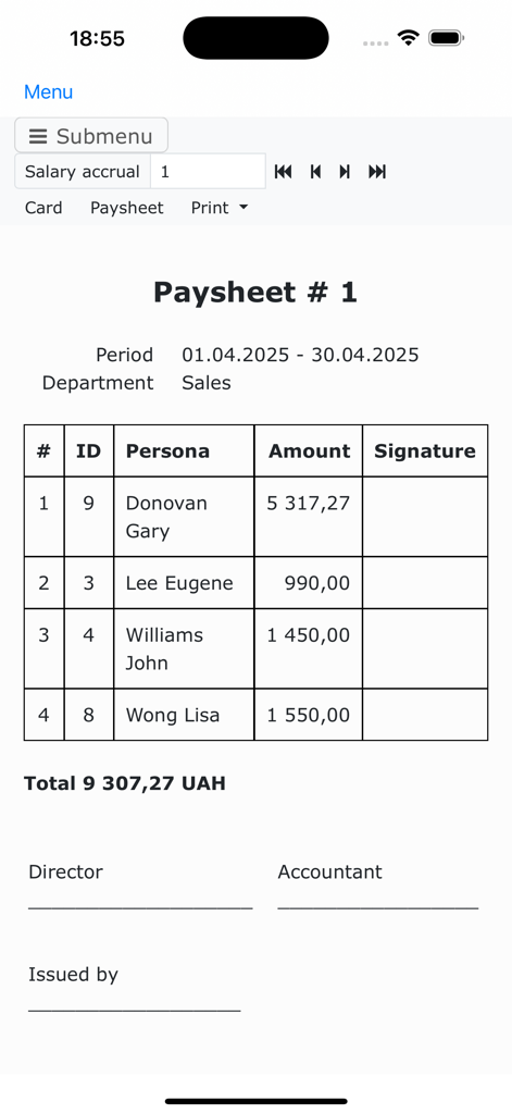 Nano Employee Timesheet - A digital payroll paysheet from the Nano Employee Timesheet app listing employee names and salary amounts