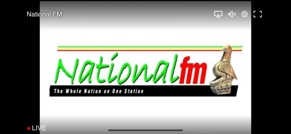 Z+ - Live stream interface of National FM on the Z plus app featuring the station logo and the Zimbabwean bird symbol