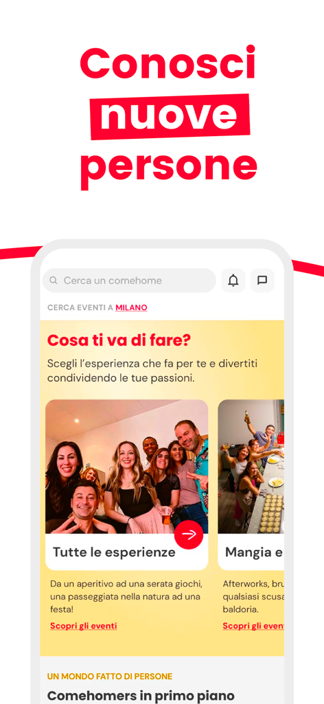 comehome! - comehome app interface showing social events and people meeting in person