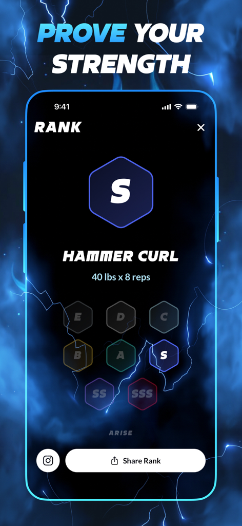 Arise app interface showing an S rank for a hammer curl workout with RPG style elements