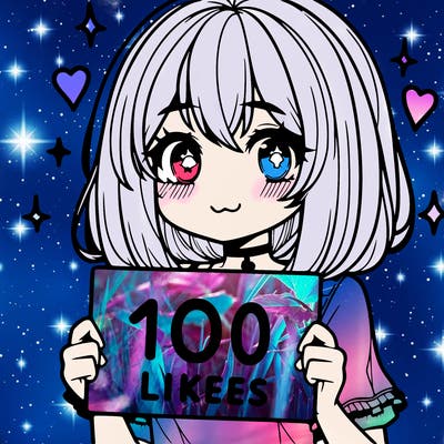 anima girl holding a 100 likes sign in her hand