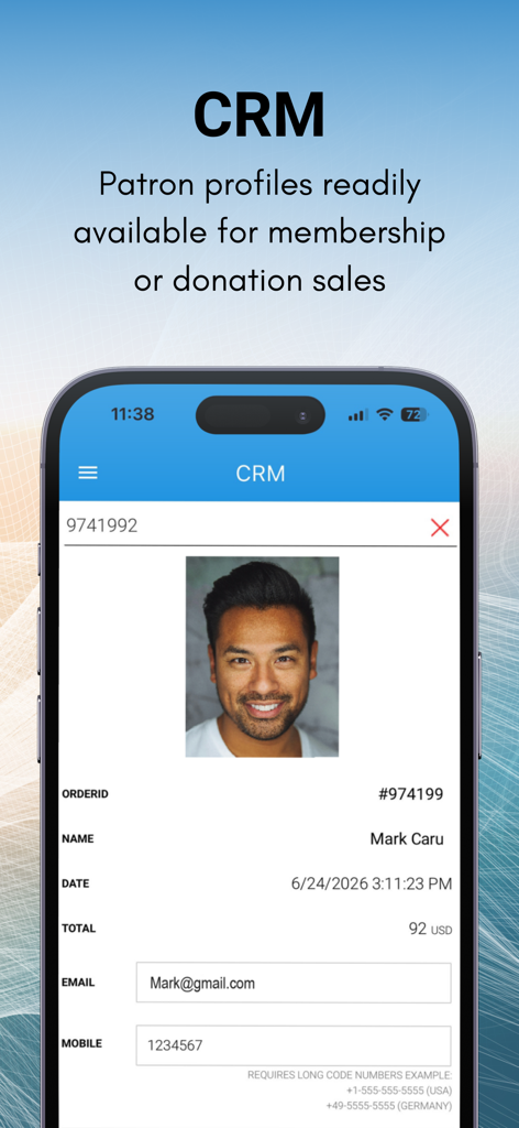 Mobile Event Manager 2.0 - Mobile Event Manager 2.0 CRM-Bildschirm mit einem detaillierten Gästeprofil mit Kontaktinformationen und Bestellhistorie.