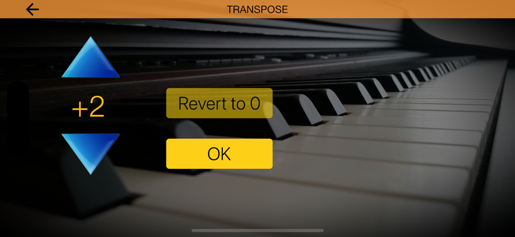 Menu de configurações de Transposição no aplicativo Piano Melody Pro sobrepondo um teclado de piano.