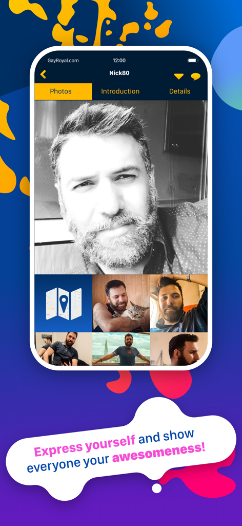 GayRoyal Dating-App-Benutzerprofilbildschirm mit einer Fotogalerie und einem Kartensymbol