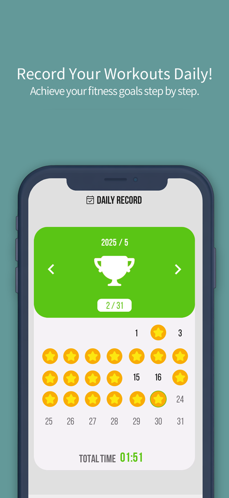 My Voice Counter : AI Trainer - Pantalla móvil de la app My Voice Counter que muestra un calendario de registros de entrenamiento diario con estrellas de progreso e un icono de trofeo