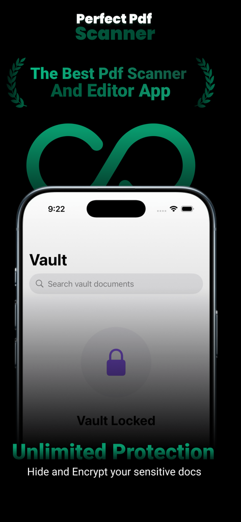 Perfect Pdf Scanner - Pantalla de bóveda segura de la aplicación Perfect PDF Scanner para cifrado y protección de documentos.