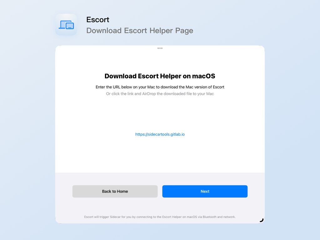 Escort (EscortApp) - macOS 헬퍼 구성 요소 다운로드를 위한 Escort 앱 설정 화면