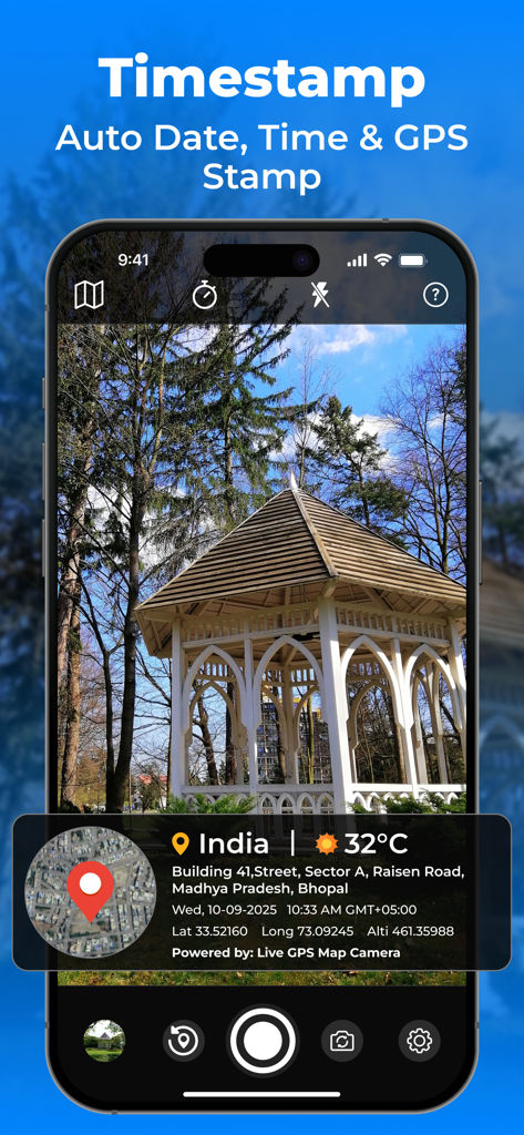 Geotag Photos: GPS Map Camera - A smartphone interface displaying a photo of a gazebo with an automatic timestamp and GPS data overlay including coordinates and location map.