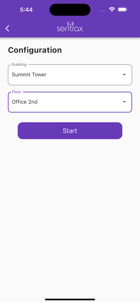 Sentrax Device Manager - Sentrax Device Manager app configuration screen with building and floor dropdowns.