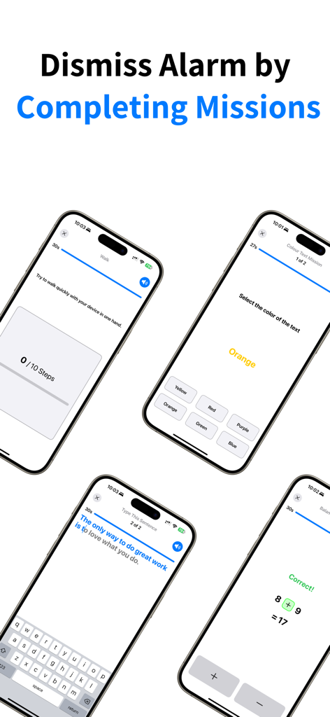 ProAlarm: Mission Alarm Clock - ProAlarm app interface showing different missions to dismiss alarms including math typing and walking tasks
