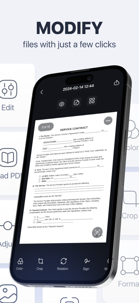 Scan Pro PDF: Document Scanner - An iPhone screen displaying the Scan Pro PDF app interface with a scanned service contract and document editing tools like crop and sign