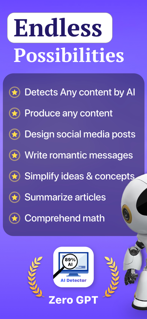 Una pantalla promocional de la aplicación AI Detector que enumera funciones como la detección de contenido de IA, el diseño de publicaciones en redes sociales y el resumen de artículos