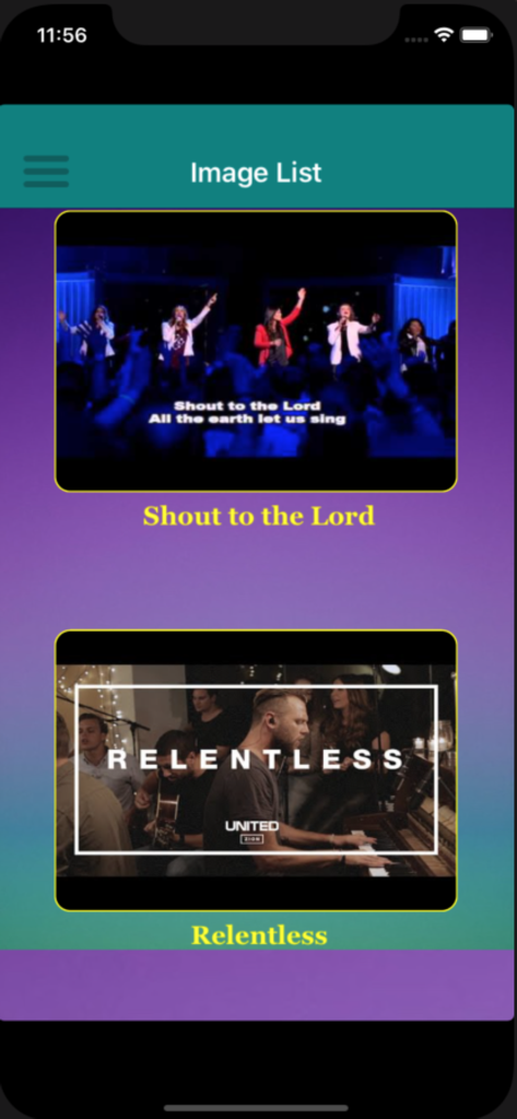Christian Song - A mobile screen showing a list of Christian worship songs with video thumbnails for Shout to the Lord and Relentless
