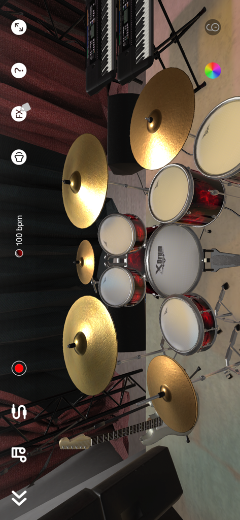 A realistic 3D drum kit interface within a virtual garage studio setting