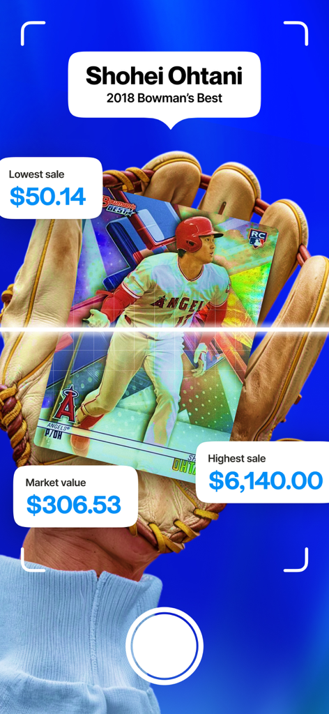 Cardstock: Sports Card Scanner - Mobile app interface scanning a Shohei Ohtani baseball card to display real-time market value and historical sales data.