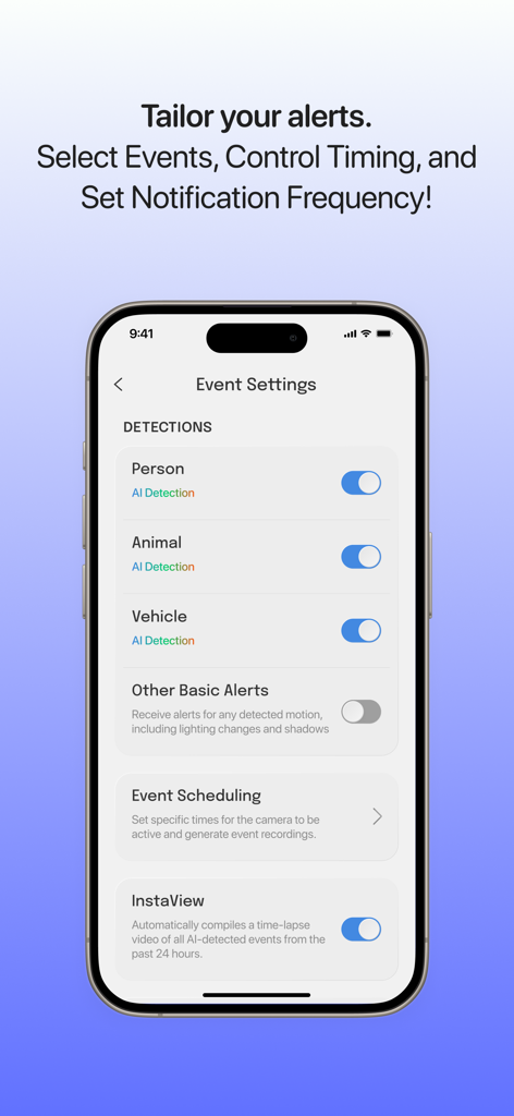 Tela de configurações de eventos do aplicativo Luna AI mostrando opções para detecção por IA de pessoas, animais e veículos.