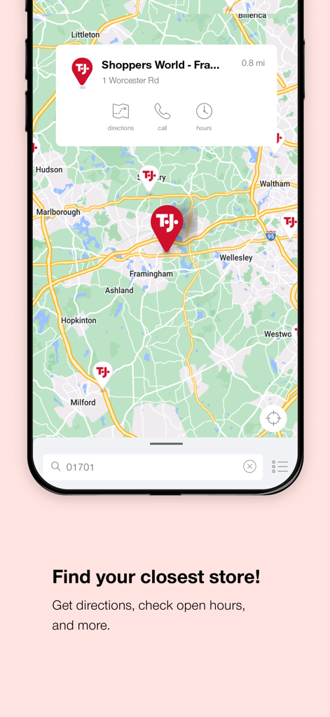 TJ Maxx app store locator feature showing a map with nearby store pins