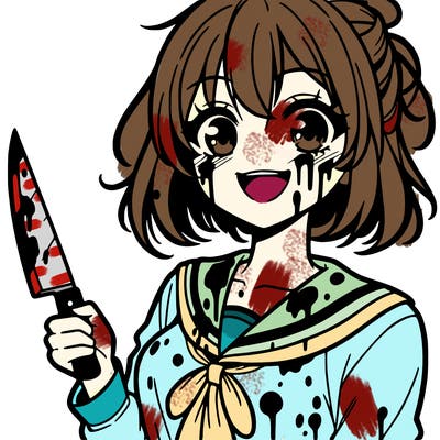 anime styled girl smiling holding a knife and covered in blood