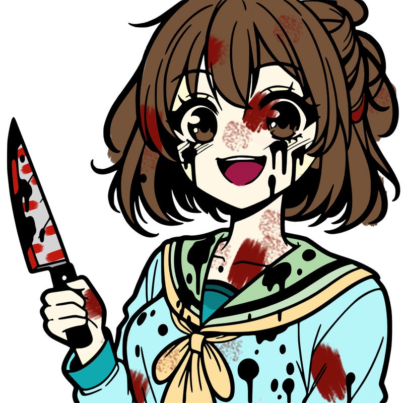 anime styled girl smiling holding a knife and covered in blood