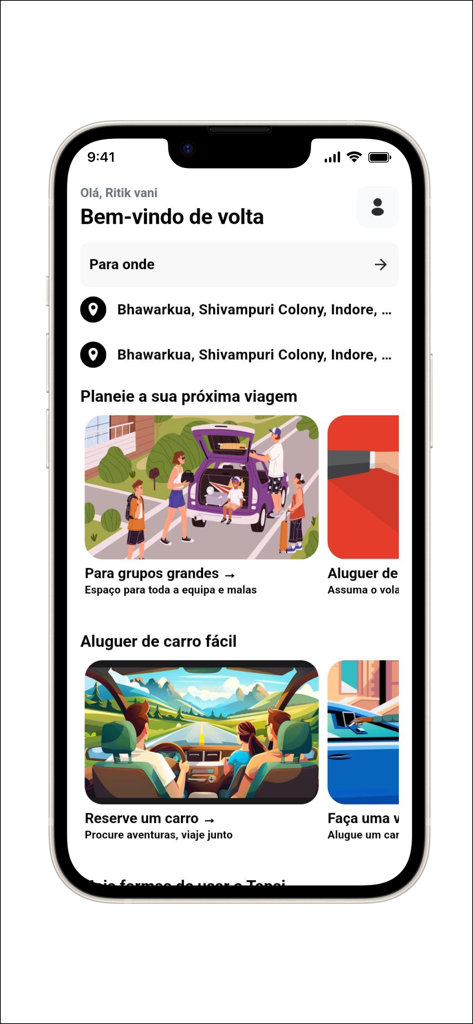 Home screen of the TAPSi app showing ride booking and car rental options.