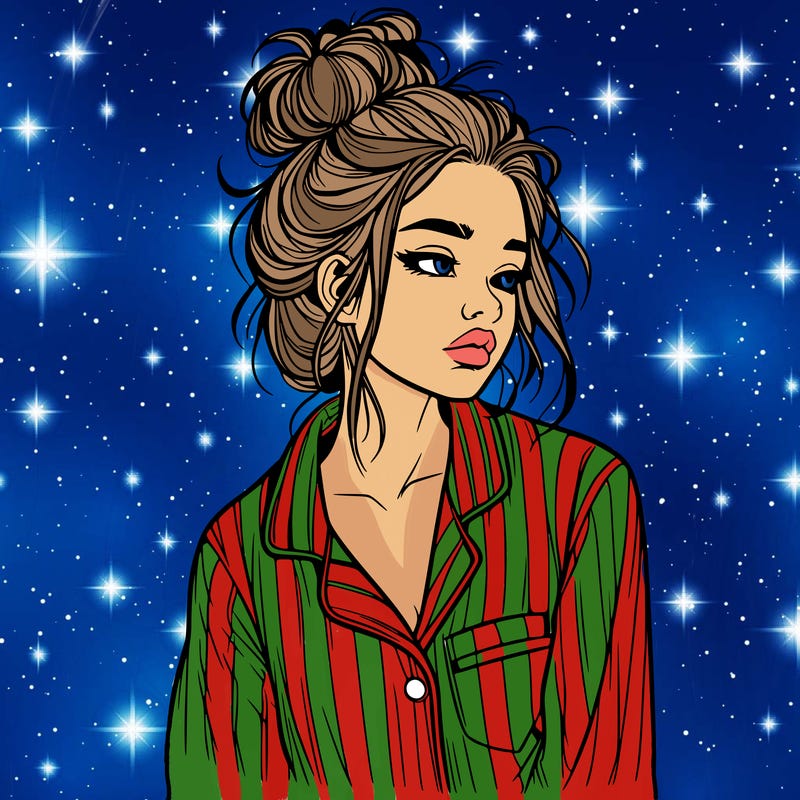 realistic woman with pajamas on and a messy bun