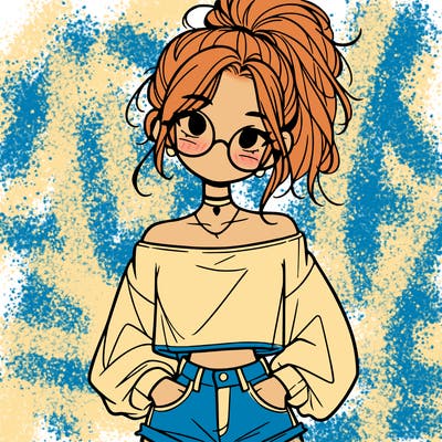girl with a messy ponytail glasses a baggy crop top and jean shorts