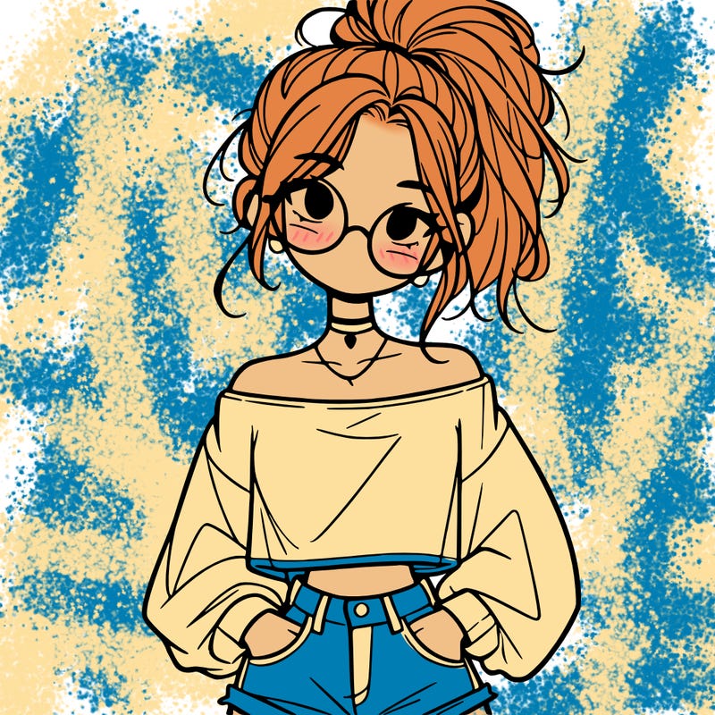 girl with a messy ponytail glasses a baggy crop top and jean shorts