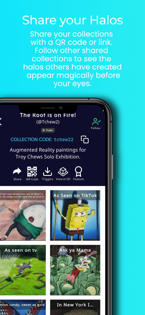 Pantalla que muestra las opciones para compartir colecciones de realidad aumentada en la aplicación Halo AR.