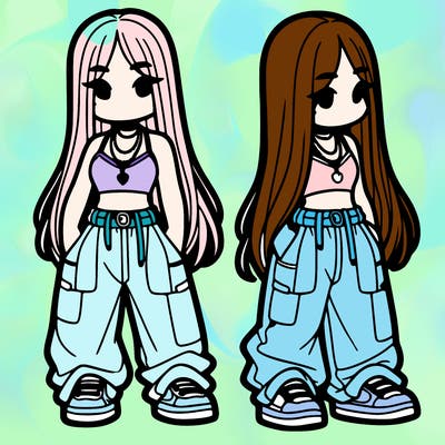 girl in baggy pants crop top and long hair