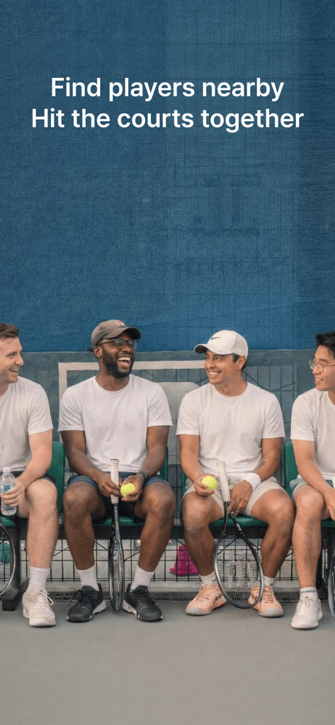 SMAXH : Find Tennis Players - Four diverse men laughing on a tennis court bench with the caption Find players nearby Hit the courts together