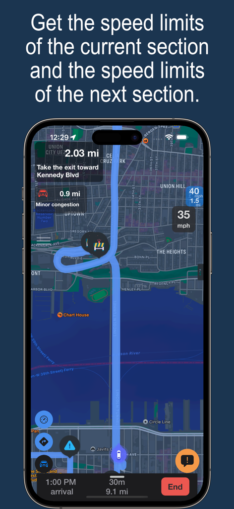Mapa de navegación Waye que muestra los límites de velocidad actuales y próximos