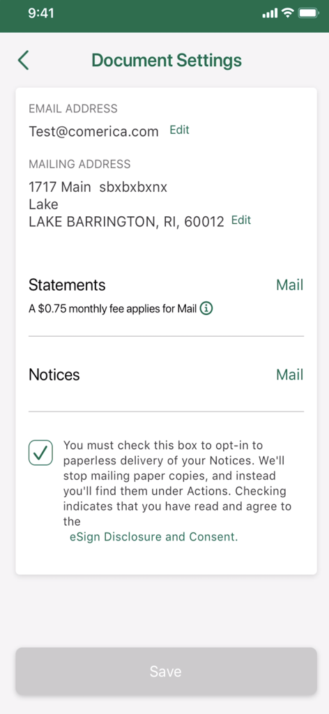 Direct Express app document settings screen for updating contact information and paperless delivery preferences
