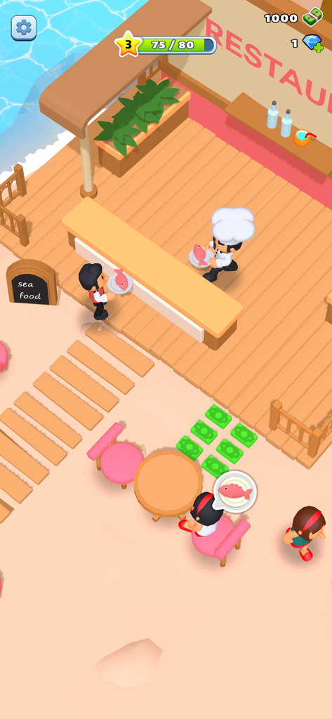 My Beach Resort! - Un chef y un camarero sirviendo mariscos a los huéspedes en un restaurante frente a la playa en un resort de lujo.