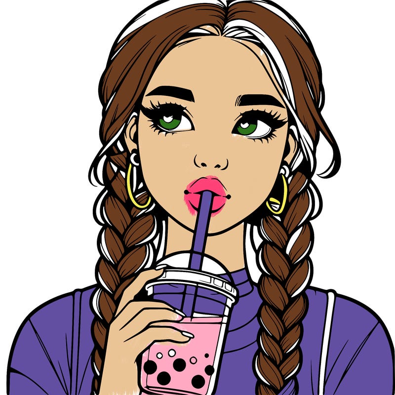 realistic girl with braided hair drinking boba