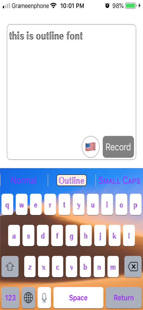 Indian Keyboard - Interface of the Indian Keyboard app featuring an outline font style and a custom desert background