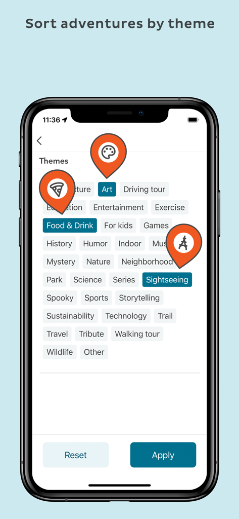 Adventure Lab® - Interface do aplicativo móvel Adventure Lab mostrando várias opções de temas de caça ao tesouro, como arte e turismo