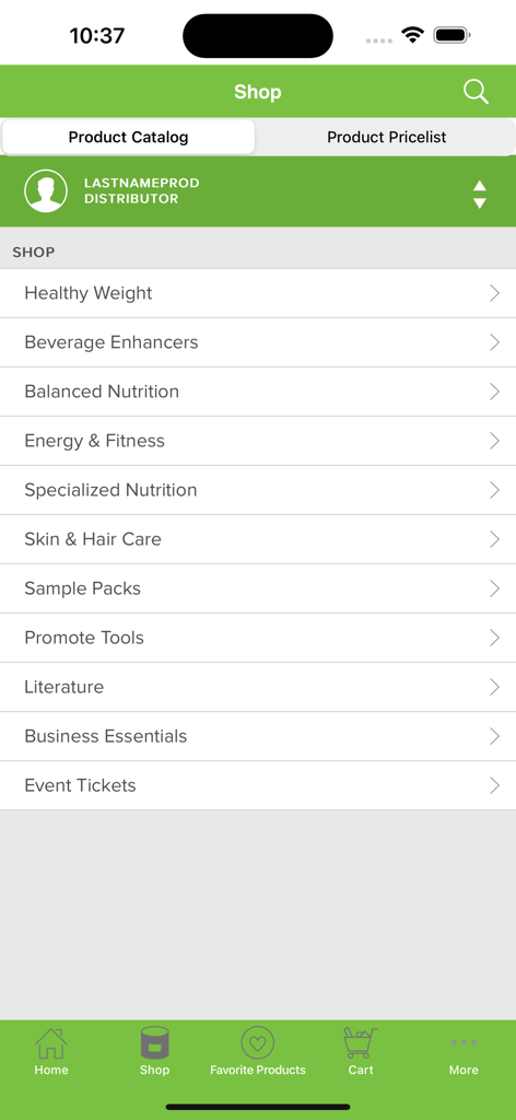 Herbalife Shop app interface displaying the product catalog with categories like Healthy Weight and Balanced Nutrition
