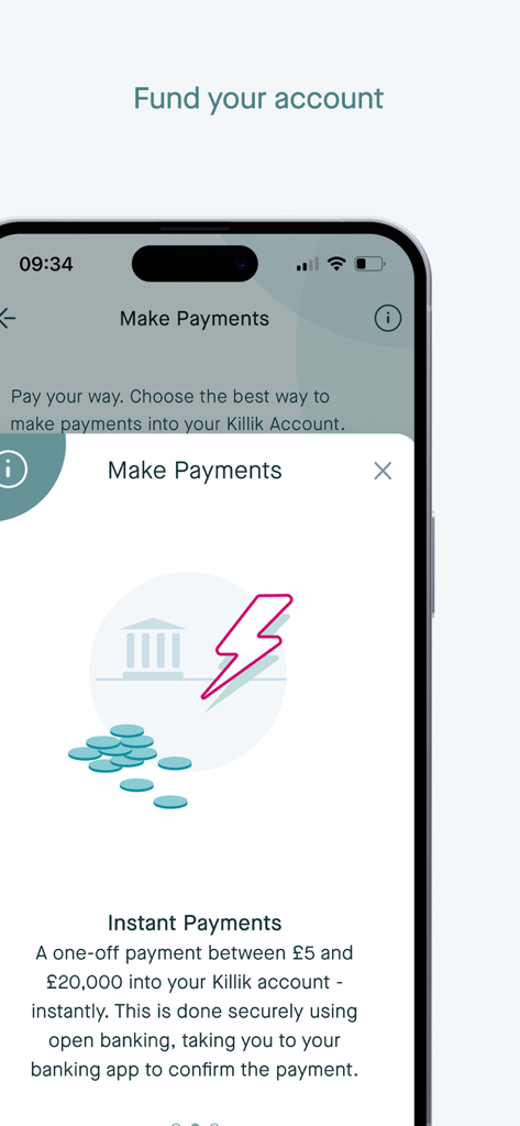 Pantalla de la aplicación móvil de gestión patrimonial Killik and Co que muestra opciones de financiación de pagos instantáneos