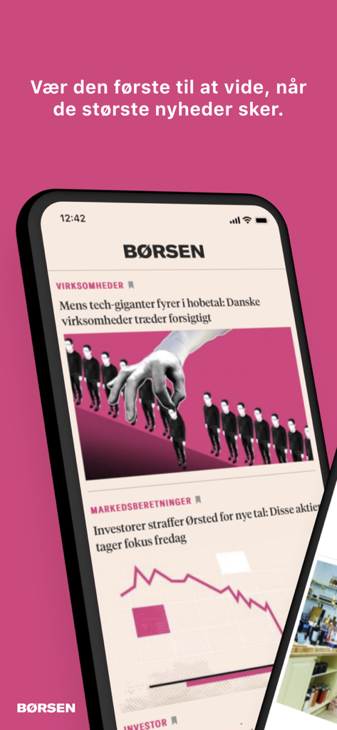 Børsen app screen showing Danish business news headlines and a stock market chart.