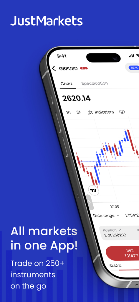 JustMarkets app interface showing a candlestick chart for currency trading on a smartphone