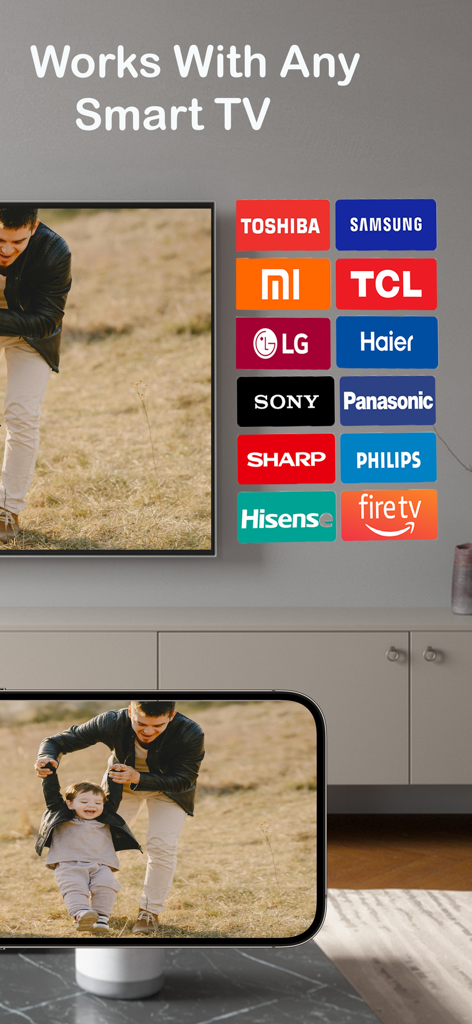 Miracast ﾠ - Un iPhone duplicando una foto familiar en un televisor que muestra compatibilidad con las principales marcas de Smart TV como Samsung, LG y FireTV.