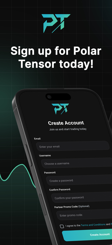 Polar Tensor mobile app registration screen with fields for email, username, and password over a dark professional interface.
