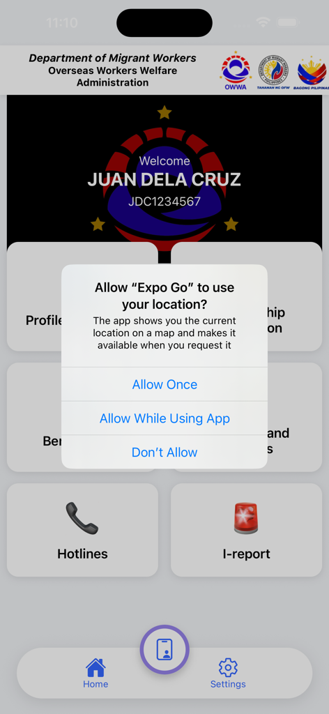 OWWA Mobile App - OWWA Mobile App dashboard showing user welcome screen and a location access permission popup