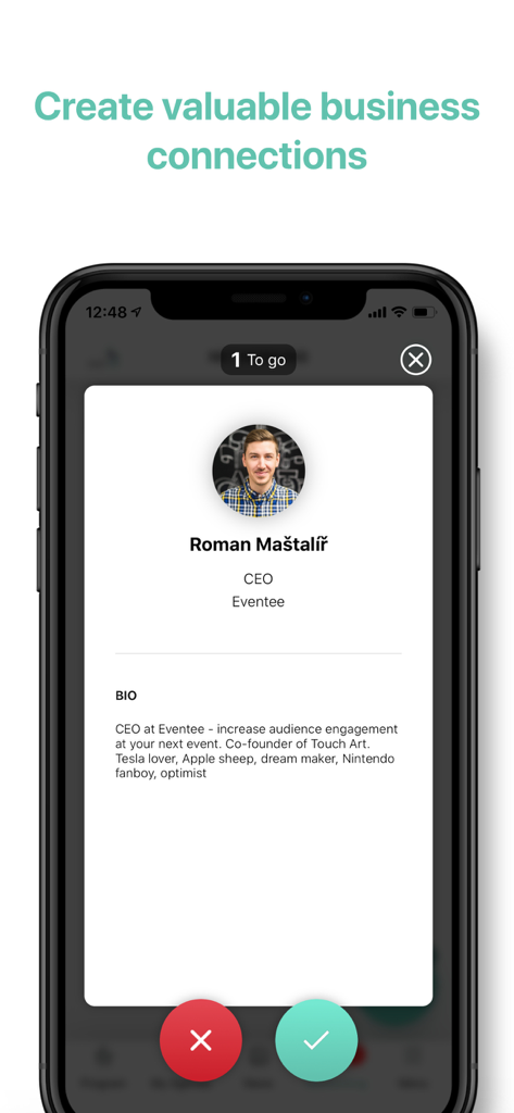 Interface of the Eventee app showing a professional profile card for networking and creating business connections.