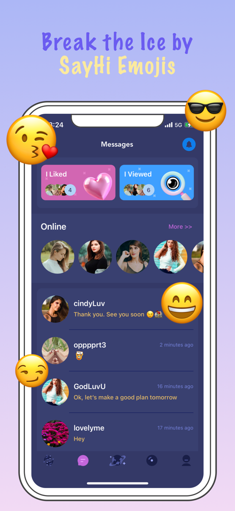 Christian Dating app - CMeet - CMeet Christian dating app messages screen showing online users and SayHi emojis.