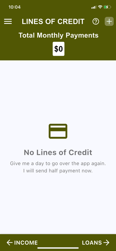 A screenshot of the Pay Down Velocity Banking app showing the Lines of Credit management screen with zero monthly payments.