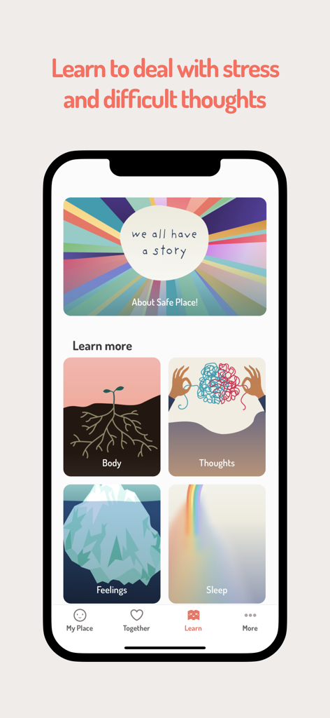Safe Place - Safe Place app interface displaying learning modules for managing stress thoughts feelings and sleep
