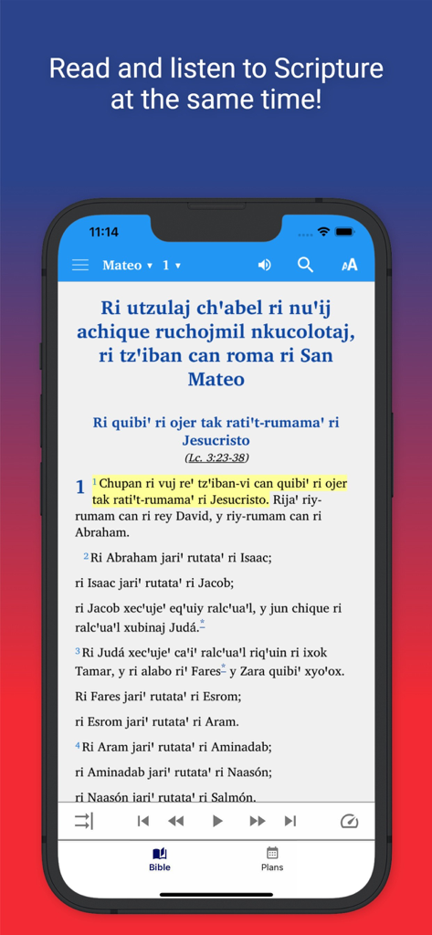 Scripture Earth - Screenshot of Scripture Earth app showing Bible text in a native language with synchronized audio highlighting