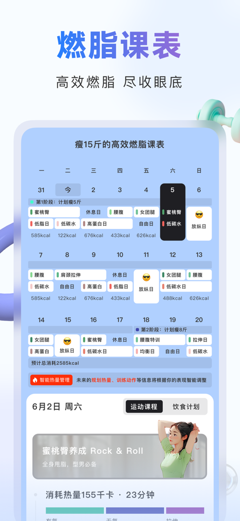 当燃 - 运动健身饮食卡路里热量管理 - Dang Ran fitness app interface displaying a comprehensive fat burning schedule with daily exercise and nutrition plans