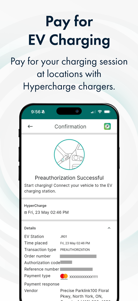 Parkedin™ - Pantalla de confirmación de la aplicación Parkedin que muestra una preautorización exitosa para una sesión de carga de vehículo eléctrico.